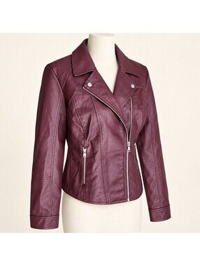 NWT Baccini Wine Bordeaux Faux Leather Moto Jacket Size L